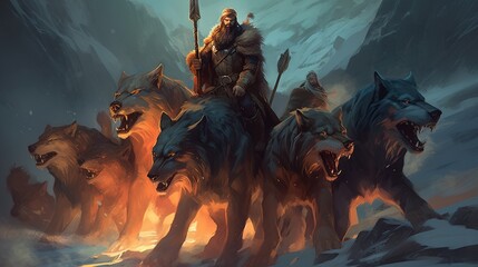 A band of fierce warriors riding into battle on the backs of giant wolves. Fantasy concept , Illustration painting. Generative AI