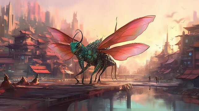 A giant dragonfly flying in the city. Fantasy concept , Illustration painting. Generative AI