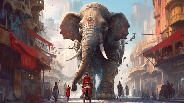 a giant elephant going around in the city. Fantasy concept , Illustration painting. Generative AI
