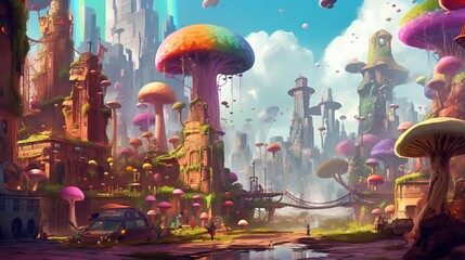 A city of mushrooms with a rainbow bridge. Fantasy concept , Illustration painting. Generative AI - obrazy, fototapety, plakaty