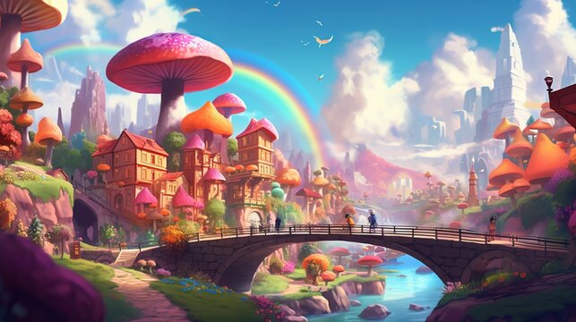 A city of mushrooms with a rainbow bridge. Fantasy concept , Illustration painting. Generative AI