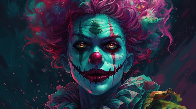 A crazy clown with colorful makeup. Fantasy concept , Illustration painting. Generative AI
