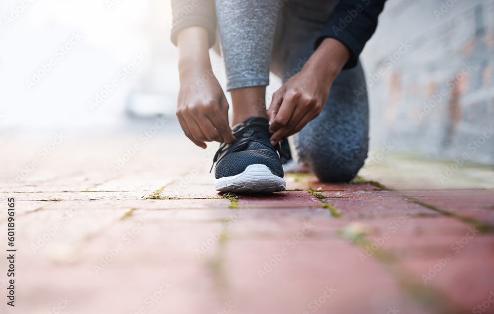 Poster Exercise, tie and and laces of female athlete or running shoes or hands and healthy woman with knee on the floor. Training, work out and foot or lady runner starts fitness routine in closeup