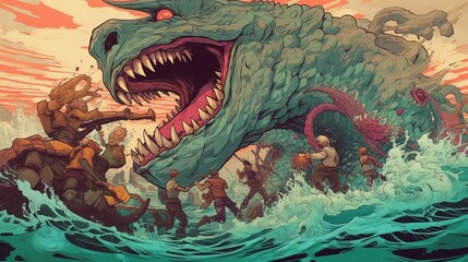 A comic-style illustration of a group of heroes fighting a giant monster emerging from the sea. Fantasy concept , Illustration painting. Generative AI