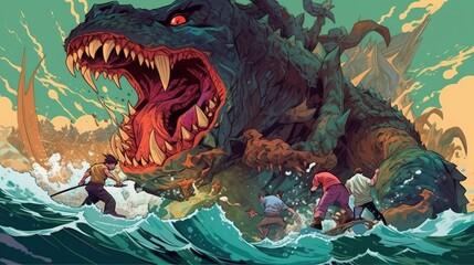 A comic-style illustration of a group of heroes fighting a giant monster emerging from the sea. Fantasy concept , Illustration painting. Generative AI