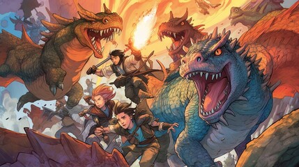 A comic-style illustration of a team of heroes battling a dragon. Fantasy concept , Illustration painting. Generative AI