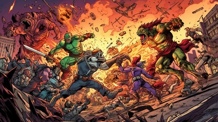 A comic-style illustration of a team of superheroes battling an alien invasion. Fantasy concept , Illustration painting. Generative AI - obrazy, fototapety, plakaty