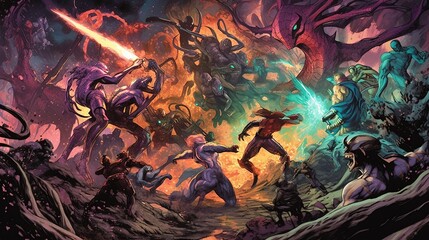 A comic-style illustration of a team of superheroes battling an alien invasion. Fantasy concept , Illustration painting. Generative AI