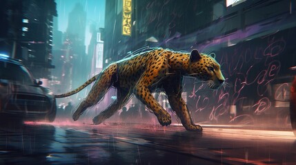A cybernetic cheetah chasing down a criminal Fantasy concept , Illustration painting. Generative AI