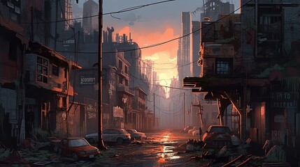 A cartoon post-apocalyptic cityscape with a dark and foreboding atmosphere. Fantasy concept , Illustration painting. Generative AI