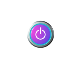 Power button isolated with blue light glowing, png file, photo cut out.