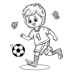 Cute football soccer player boy, little child playing sport game coloring book page. Funny kid sportsman cartoon character run and kicking ball. Footballer champion in training uniform outline vector 