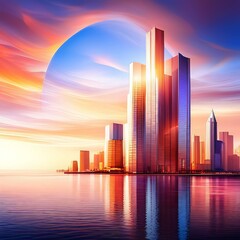 美しい空と海と高層ビルの風景,Generative AI AI画像