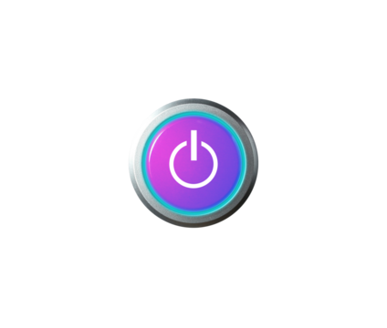 Power button isolated with blue light glowing, png file, photo cut out.