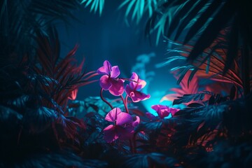 Naklejka na ściany i meble Tropical flora under blue/pink neon: a nature environment illuminated via neon frame. Generative AI