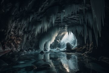 Digital art of a cold cave with icicles, natural light, and frozen look. Generative AI