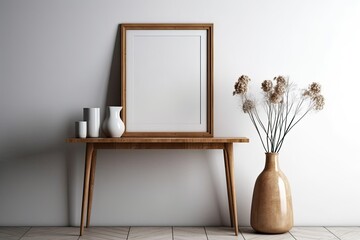 Wooden table with a white background and a wooden picture frame next to a flower vase. Generative AI