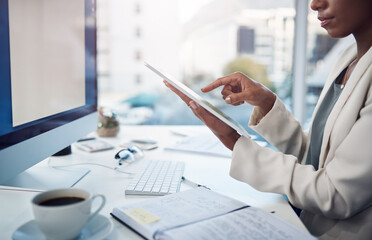 Business woman scroll tablet, schedule at desk and notebook, calendar app and plan daily tasks at...