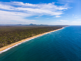 Fototapeta na wymiar aerial drone photography of beautiful wreck rock beach in deepwater national park near agnes water, queensland, australia; unique beach with turquoise water, rocks and coral reefs