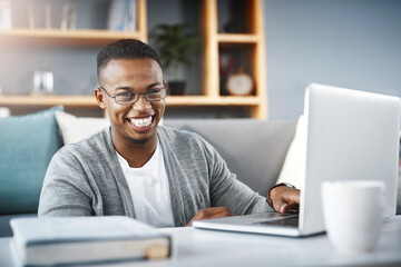 Laptop, home and portrait of man or student with e learning, university online course or college...