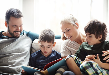 Family, reading book together with parents and kids, happiness at home with story time and learning. Love, relationship and happy people bonding in living room, education and mom, dad with children