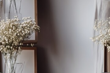 With little white flowers in a vase and a black frame on a white wood table. Gypsophila white blooms on a desk or shelf. Create a mockup with decor. Generative AI