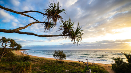 colorful sunrise on the wreck rock beach in deepwater national park near agnes water and town of 1770, gladstone region in queensland, australia; rural australia landscape, red sand beach