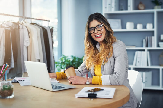 Fashion, laptop and portrait of woman designer with coffee and happy for startup company growth in sales. Ecommerce, retail and working small business entrepreneur of a boutique in a office