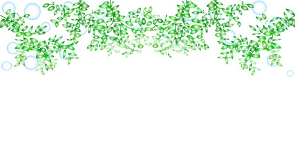葉と枝とシャボン玉の白背景のカラーイラスト