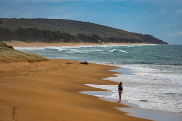 backpacker girl walking on the tropical beach in queensland, australia; hiking in gladstone region near agnes water and town of 1770; deepwater national park