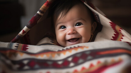 A happy Native American baby hiding under a colorful blanket by generative AI