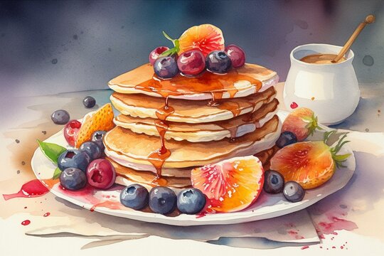 Watercolor painting of isolated fruit-topped pancakes for breakfast. Generative AI