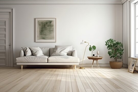 Wooden flooring and a contemporary, comfortable sofa. Interior walls mockups can use the front view and empty wall mockup on the wall for paintings, prints, and decorations. Generative AI