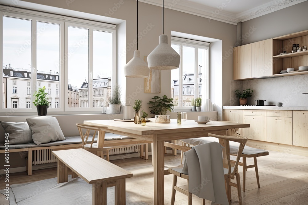 Wall mural With large windows, a table with wooden seats, a bench next to it, and countertops, the dining room and kitchen corner are decorated in a Scandinavian manner. view of a city. a mockup. Generative AI