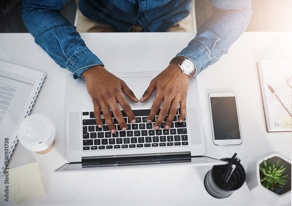 Poster Business man, hands and laptop with desk typing of a corporate employee with lens flare. From above, office and digital writing of a web worker working on online app and keyboard for a tech design