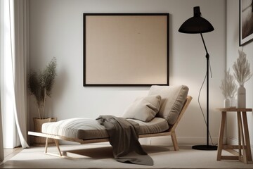 With a mock up poster frame, a pillow on the chaise longue, a black minimalist lamp, and attractive personal accessories, this pleasant living area is stylishly composed. beige wall Generative AI