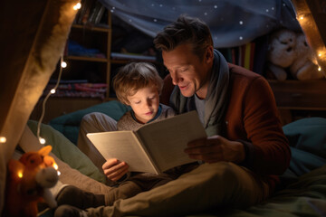 Father reading a book to his son by generative AI
