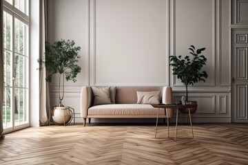 Wooden floors, a mid century modern elegant sofa, side tables, and an indoor plant. For your art and print mockup, interior scene, and wallpaper mockup needs, use empty walls with a Generative AI