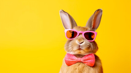 Fototapeta premium Cute fluffy rabbit and sunglasses on color background. Generative AI