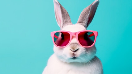 Fototapeta na wymiar Cute fluffy rabbit and sunglasses on color background. Generative AI