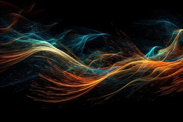 Abstract luminous energy flow wave isolated on black background made with generative AI