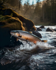 Atlantic salmon jumping out of a rushing river in a forested landscape. Fish jumping out of the water landscape fishing lake nature background. Realistic 3D illustration. Generative AI