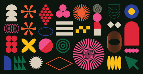 Set of abstract retro geometric shapes vector. Collection of contemporary figure, sparkle, circle, line in 70s groovy style. Bauhaus Memphis design element perfect for banner, prints, stickers, decor. - obrazy, fototapety, plakaty