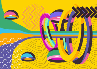 Fototapeta premium Abstract psychodelic background with geometric shapes. Retro banner and poster. Simple busy old cartoon volumetric vector. Vibrant geometrical graphic art illustration.