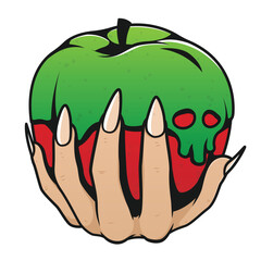 illustration of a hand with long fingernails holding a poisoned apple