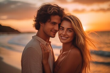 young couple, embracing, smiling, romantic, beach, sunset, love, affection, happiness, relationship, togetherness, romance, couple, sunset, sea, ocean, horizon, golden hour, happiness, joy, romance, l