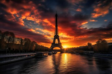 Fototapeta na wymiar Beautiful view of the Eiffel Tower at sunset in Paris, France. Generative AI. 