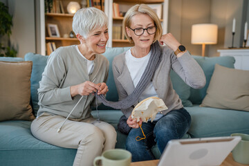 two women senior mature knitting and embroidery during leisure time