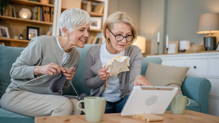two women senior mature knitting and embroidery during leisure time