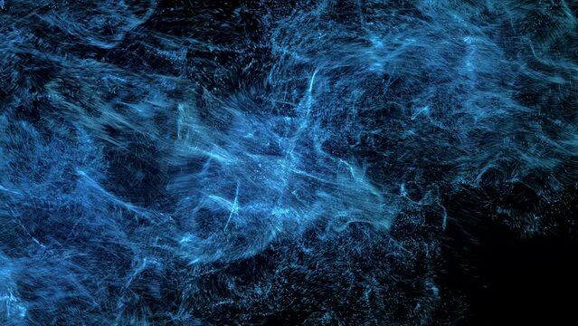Glowing blue liquid streams collide and splash in this precise 3D fluid dynamics simulation with a tilted camera angle, 4k 24p, over black
